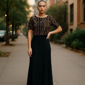 Vintage Velvet Black and Gold Sequin Skirt Set Floor Length Dress Size 14 (12?)